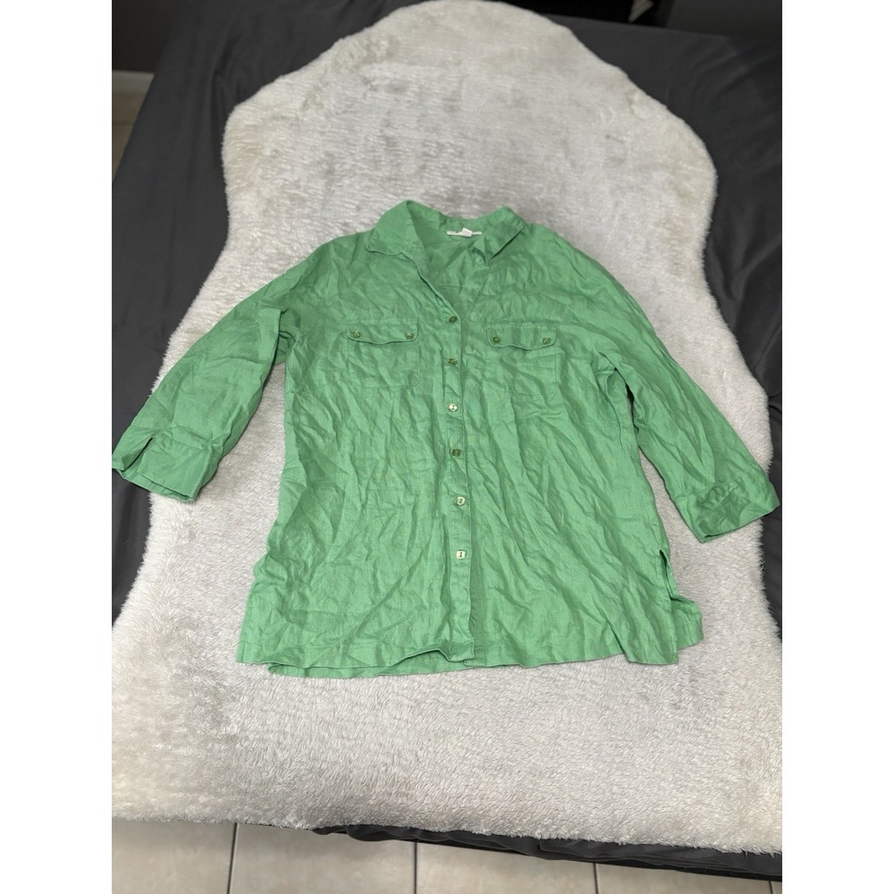 JM Collection Womens Green Linen Button Down Shirt Size 14 Solid